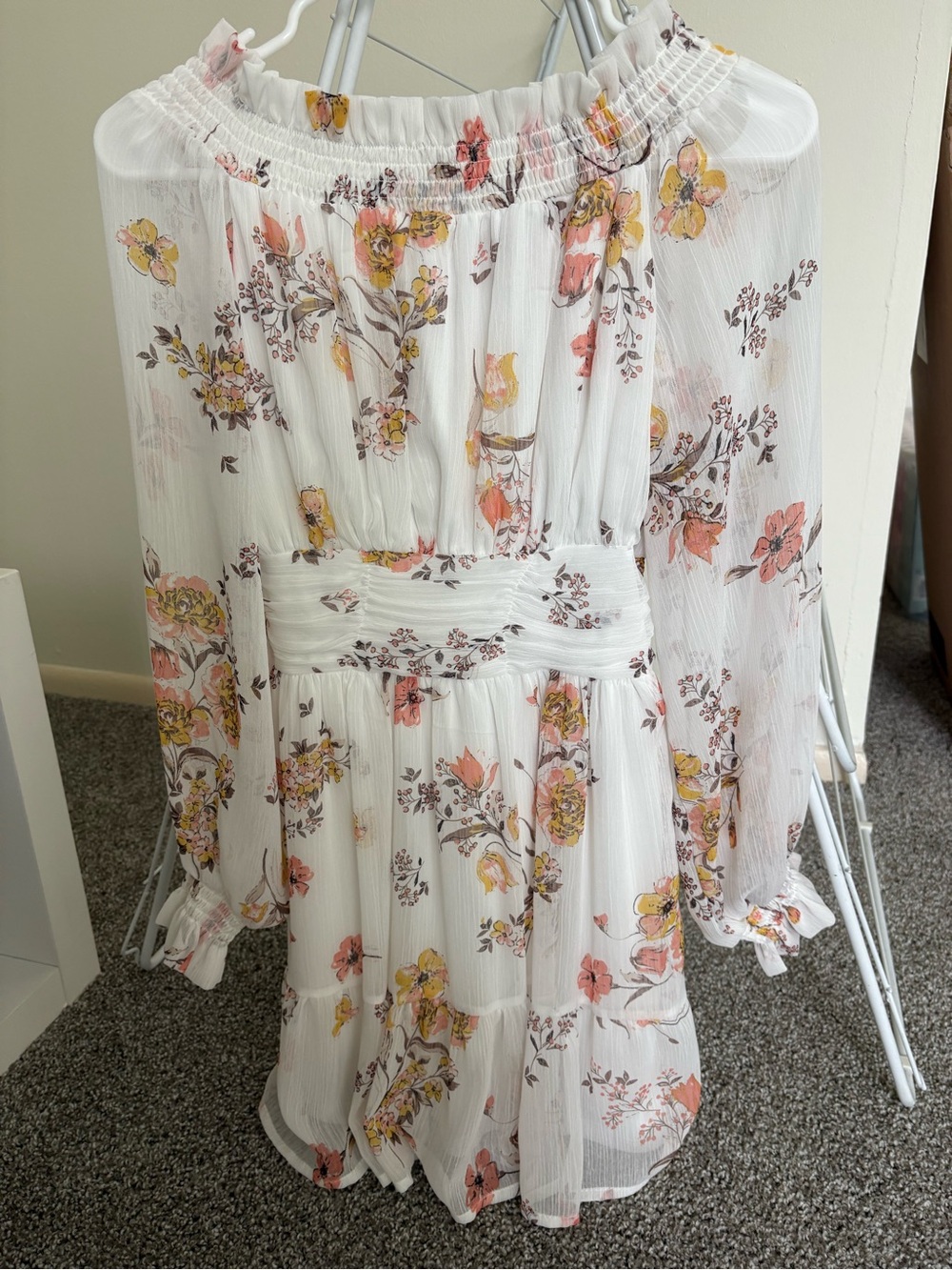 White Floral Off-Shoulder Long Sleeve Dress